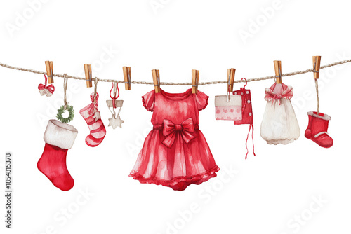 Watercolor Christmas Baby Dress Hanging on Clothesline with Festive Accessories (PNG TR 10800×7200)
