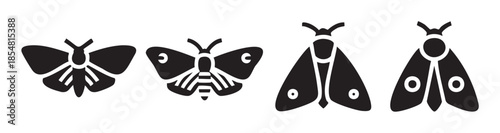 Four different stylized moth insect silhouettes showcasing various wing patterns and antenna shapes, presented as simple black graphic icons.