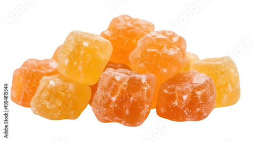 Pile of orange marmalade candy cubes isolated PNG on transparent background, sweet fruit jelly confectionery for dessert and snack