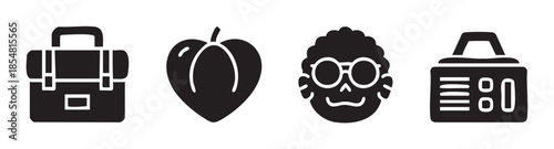 Various black and white icons representing diverse concepts like business, nature, intelligence, and daily life items in a clean graphic style.