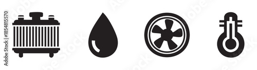 Automotive cooling system maintenance icons set illustrating essential components like radiator, fluid, fan, and temperature gauge for vehicle care.