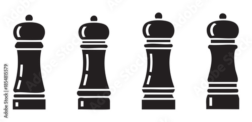 Four black pepper grinders kitchen utensils set in a simple, modern, and elegant icon style, perfect for culinary design elements.