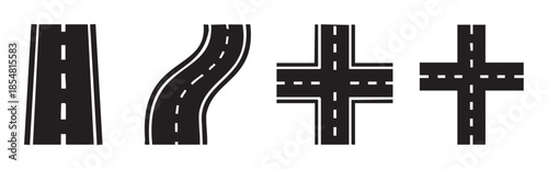 Various road segments and intersections illustrated as simple graphic icons, depicting straight, curved, T-junction, and crossroad designs for navigation concepts.