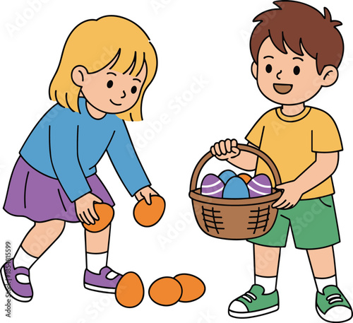 Easter egg hunt illustration, children collecting colorful eggs, spring holiday celebration, festive outdoor activity, family tradition, seasonal vector art, playful kids scene