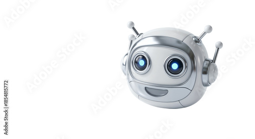 Robot head with blue eyes and antennas smiles while looking towards the viewer in a bright and simple background with no additional objects