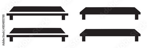 Four black minimalist tables and platforms with simple designs are presented as vector icons, perfect for web design and graphic elements.
