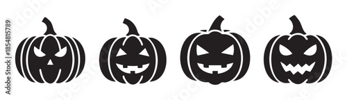Four Halloween pumpkins with carved faces display various spooky expressions, creating a festive and eerie atmosphere for seasonal decorations and graphic designs.