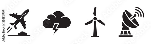 Airplane, storm, wind turbine, satellite dish icons illustrating essential elements of travel, weather, sustainable energy, and global communication.
