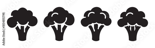 Four stylized black broccoli vegetable icons arranged horizontally, representing healthy eating and fresh produce in a simple graphic design.