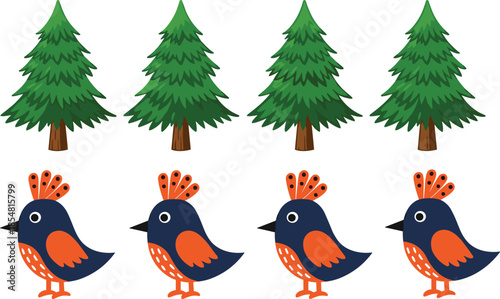 Educational vector illustration, pine trees and colorful birds, children, playful design