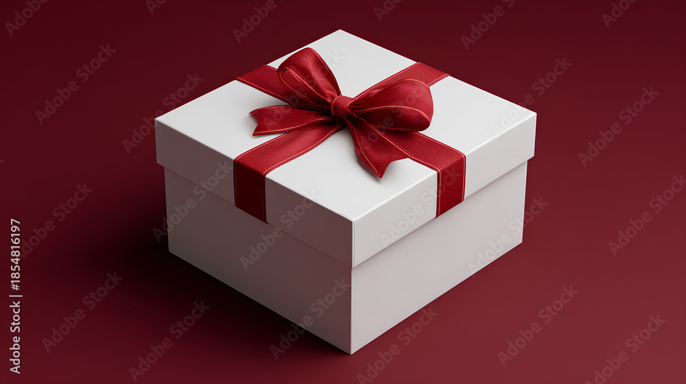 Fototapeta premium Blank white rectangle gift box mock up open or top view of white present box product display showcase frame tied with red ribbon bow isolated on dark red background with shadow concepts 3D 