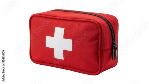 Red first aid kit bag with white cross isolated PNG, emergency medical equipment for healthcare and safety on transparent background
