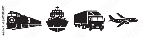 Various transportation modes including train, ship, truck, and airplane are depicted as simple black silhouettes representing global logistics and delivery services.