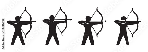 Four archer silhouettes drawing bows and arrows in a row, symbolizing the ancient sport of archery, precision, and aiming for success.