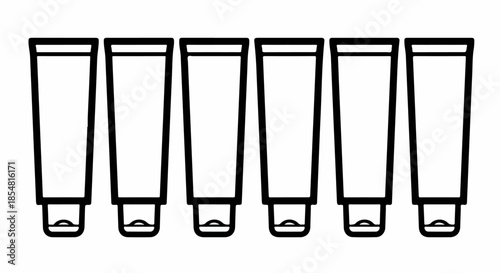 Outline illustration of six blank cosmetic cream or toothpaste tubes aligned in a row, isolated on a white background.