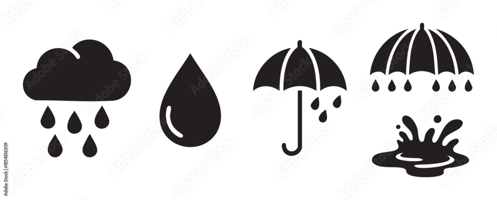 Fototapeta premium Rain and weather related vector icons set featuring various elements like clouds, drops, umbrellas, and splashes, perfect for forecasting or environmental themes.