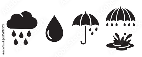 Rain and weather related vector icons set featuring various elements like clouds, drops, umbrellas, and splashes, perfect for forecasting or environmental themes.
