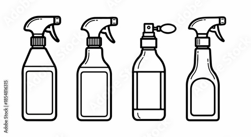 Four Outline Icons of Cleaning and Cosmetic Spray Bottles, Including Trigger Sprayers and a Vintage Atomizer, Isolated Vector Illustration Set.