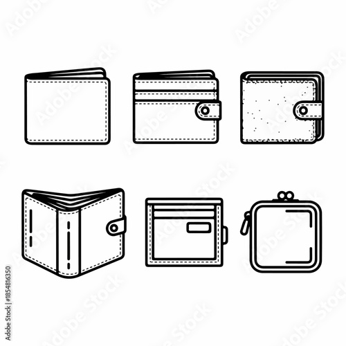 Set of Six Line Art Icons Depicting Different Types of Wallets, Purses, and Cardholders for Financial and Shopping Applications.