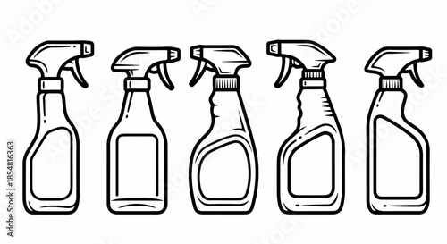 Five line art illustrations showcasing different designs of plastic spray bottles with trigger sprayers, commonly used for cleaning products or liquid dispensers.