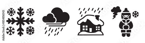 Winter weather icons collection featuring snowflakes, rain, a snow-covered house, and a person dressed for cold conditions, depicting various seasonal elements.
