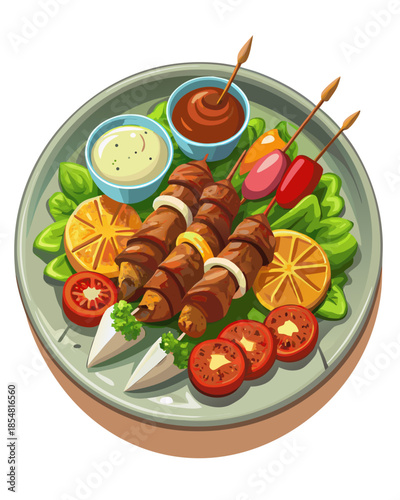 realistic luxury flat illustration of Middle Eastern kebab plate, grilled meat skewers with natural char texture, flatbread and fresh sides, refined warm color palette, clean flat shadows