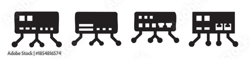 Electronic component icons representing various network hardware devices with multiple ports and connections for technology concepts and digital infrastructure.