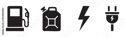 Fuel pump, jerry can, lightning bolt, electric plug symbols depict essential energy sources for vehicles and general power consumption in a modern world.