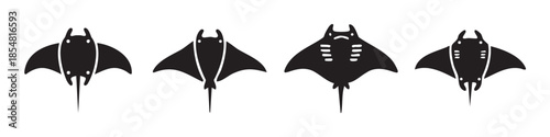 Four stylized black manta rays swimming underwater illustration, depicting various simple graphic designs of these majestic ocean creatures.