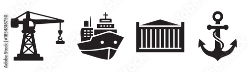Collection of various black silhouette icons representing construction, shipping, architecture, and maritime themes, perfect for web design or infographics.