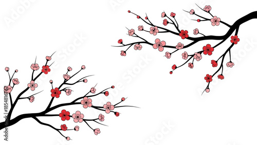 Minimalist Pink Plum Blossom Branches on White Background for Greeting Cards