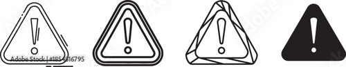 Warning alert triangle icon set in outline bold geometric and silhouette styles representing caution error risk notification and safety system symbols