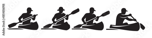 People paddling canoes are depicted in a set of four distinct black silhouette illustrations, showcasing various strokes and movements.