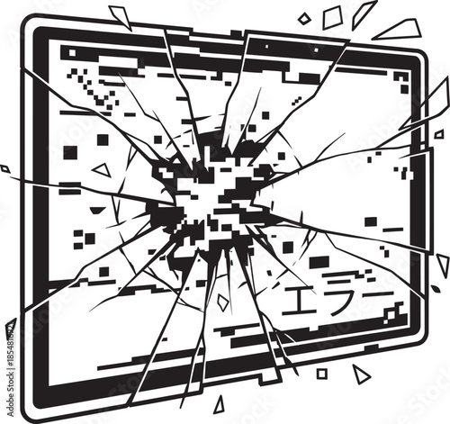 Error screen with shattered display and foreign language text