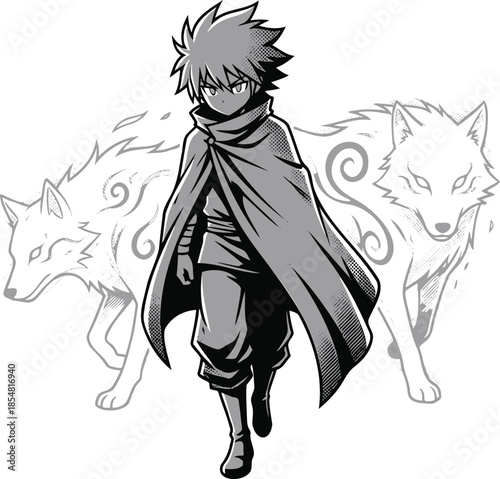 Mysterious young hero walking with ghostly wolves in fantasy landscape