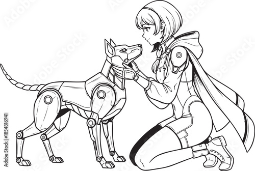 Robot dog and girl in futuristic scene with mechanical pet