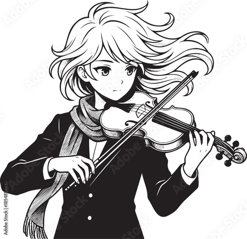 Anime girl playing violin with stylish hair and scarf