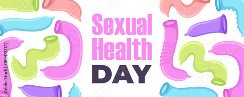 Sexual Health Day Horizontal Banner with colorful condoms pattern