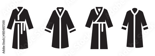 Four different styles of bathrobes are displayed as simple black icons, representing comfort and relaxation in a clean and modern design.