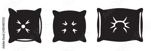 Three soft comfortable pillows feature various abstract decorative symbols in a minimalist black and white vector illustration for home decor concepts.