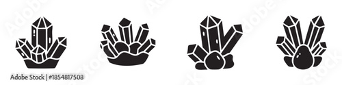 Crystal clusters and gemstone formations are depicted in a set of four unique black and white vector icons, showcasing their natural beauty and mystical allure.