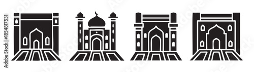Indian and Islamic architectural icons featuring various historical building silhouettes with intricate details rendered in a minimalist graphic vector style.