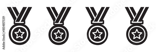 Four medal icons with a star design symbolize achievement, success, and excellence in various competitive events or recognition programs.