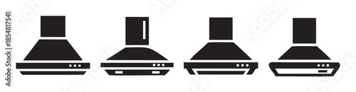 Four different kitchen range hoods are presented as sleek black silhouette icons, illustrating various styles of modern kitchen ventilation appliances.