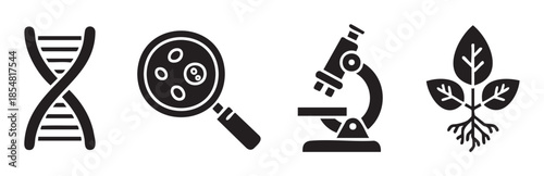 DNA magnifying glass microscope plant icons depict fundamental concepts and tools used in biological science, genetic research, and botanical studies.