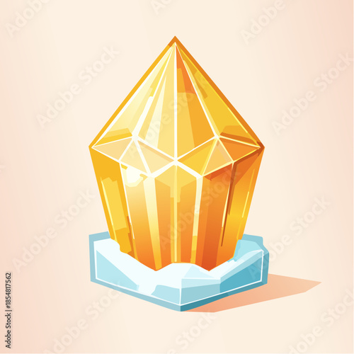 Illustration of a golden crystal on a light blue base against a cream background.