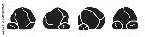 Four abstract black rock stone shapes with white outlines depicting cracks and facets, arranged in a row for various design applications.