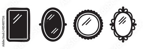 Four different mirror icons with various shapes and frames are presented in a simple black and white outline illustration, perfect for decorative design elements.