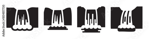 Waterfall icons set featuring various stylized designs of natural cascades and flowing water elements for graphic design projects.