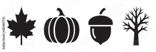 Maple leaf, pumpkin, acorn, bare tree icons represent the essence of autumn and fall season in a simple black silhouette vector illustration.
